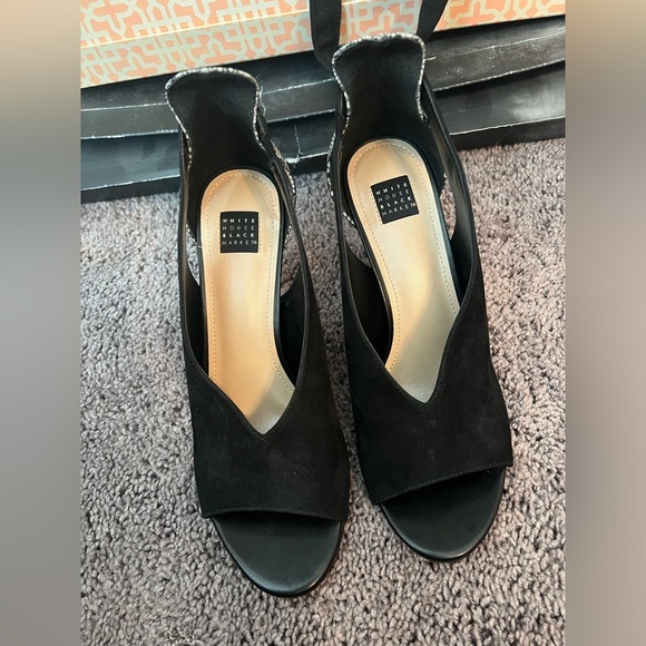 White House Black Market - black suede and snake skin open toe heels - Picture 3 of 3